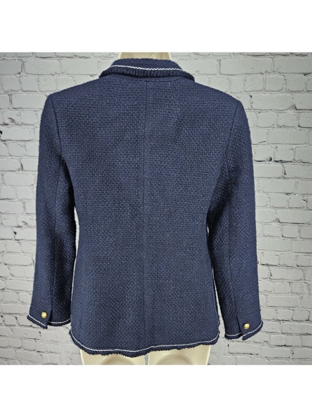 NWT Talbots Navy 100% Cotton Tweed White Stitching Gold Buttons Blazer Jacket 0P - Picture 2 of 14